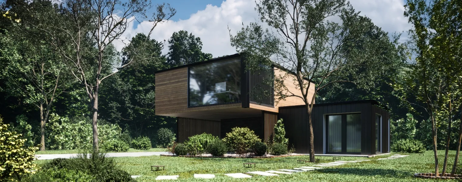 Ein modernes Haus ist von üppigem Grün umgeben.